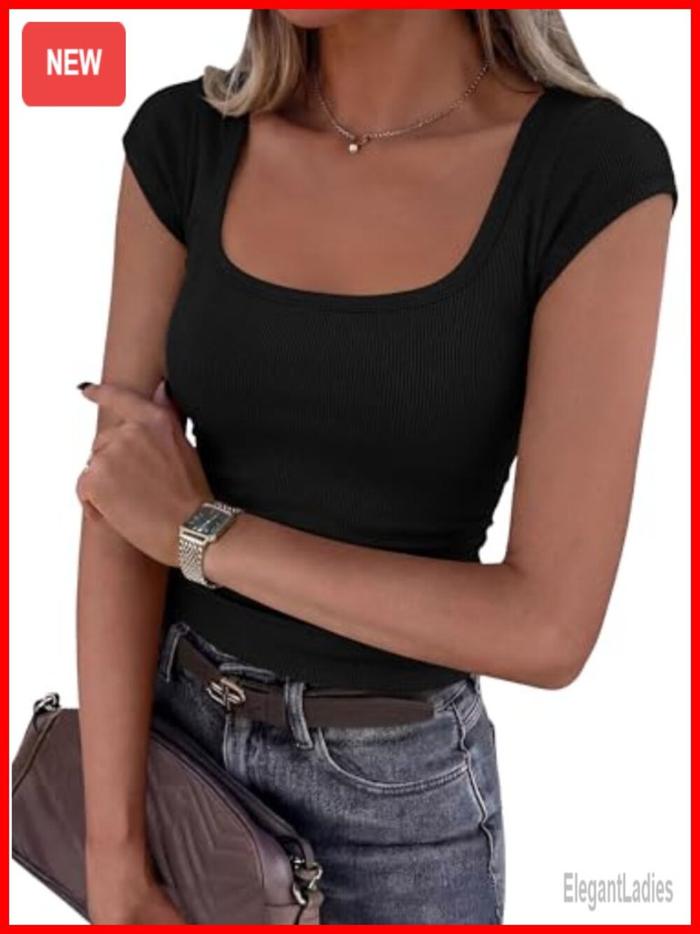 PRETTYGARDEN Women's Slim Fit Ribbed Knit Cap Sleeve Square Neck T-Shirt